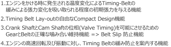 1.エンジンをかける時に発生される温度変化によるTiming-Beltの緩みによる張力変化を吸い取られる程度の初期張力を与える機能
2.Timming Belt Lay-outの自由なCompact Design機能
3.Crank ShaftとCam Shaftの位相(Valve Timing)を可能にさせるためのGearとBeltの正確な噛み合い維持機能 => Belt Skip 防止機能
4.エンジンの高速回転及び振動に対し、Timing Beltの緩み防止を案内する機能